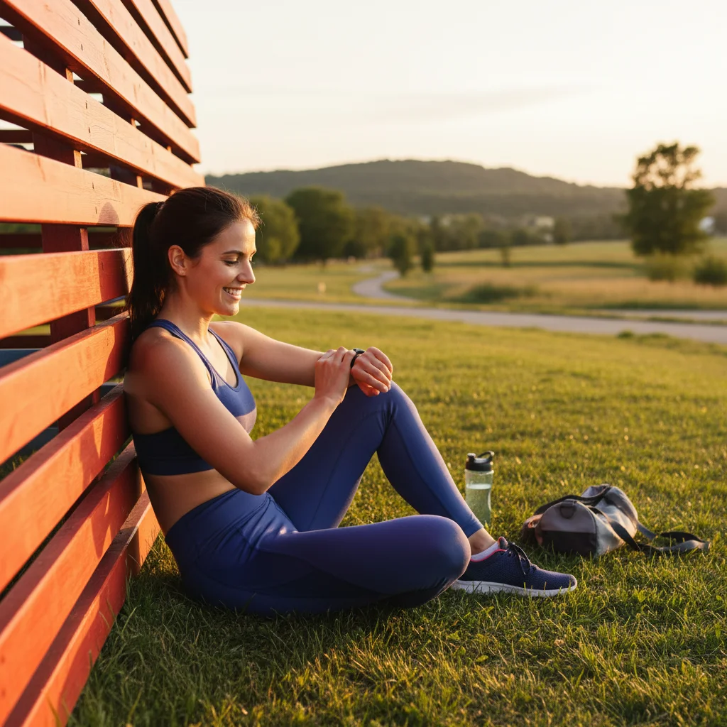 Woman resting outdoors checking a heart rate monitor